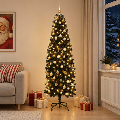 Albero di Natale Artificiale Slim con Palline 180 cm 300 LED