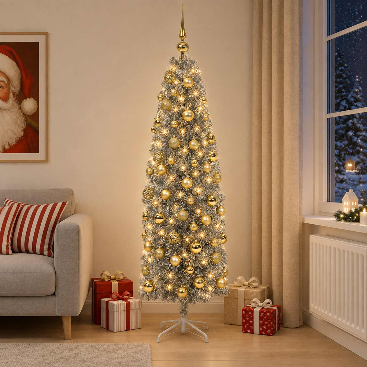 Albero di Natale Artificiale Slim con Palline 180 cm 300 LED