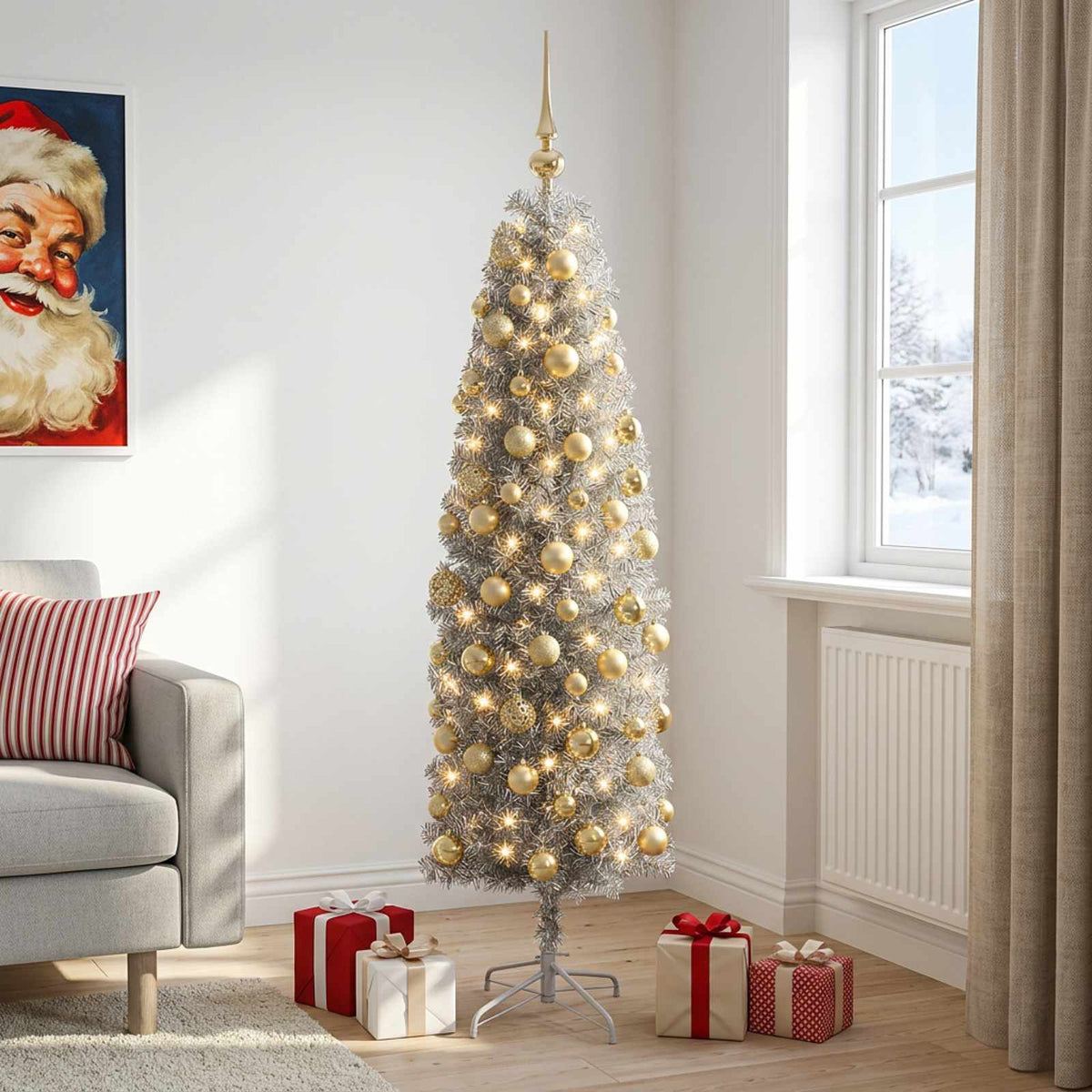 Albero di Natale Artificiale Slim con Palline 180 cm 300 LED