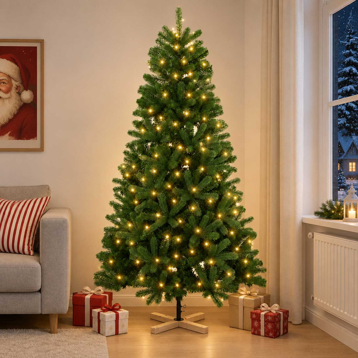 Albero di Natale artificiale 210 cm 300 LED Bianco caldo PVC