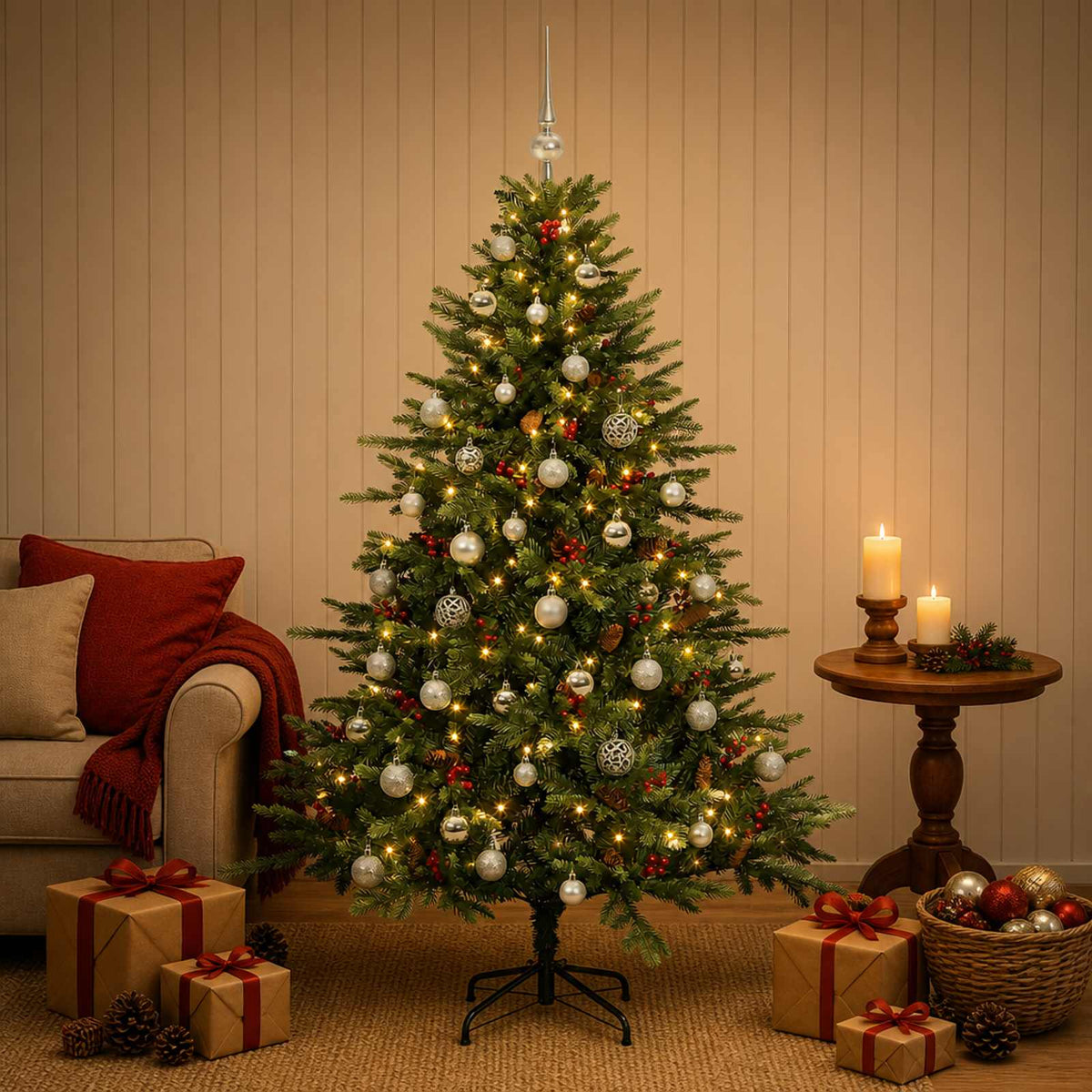 Albero di Natale artificiale con palline 150 cm 150 LED