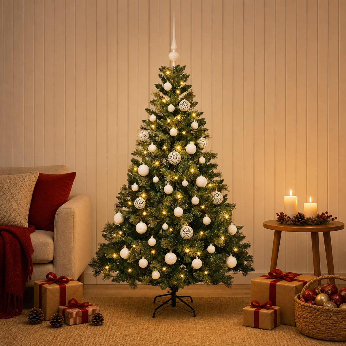 Albero di Natale Artificiale con Palline 150 cm 150 LED