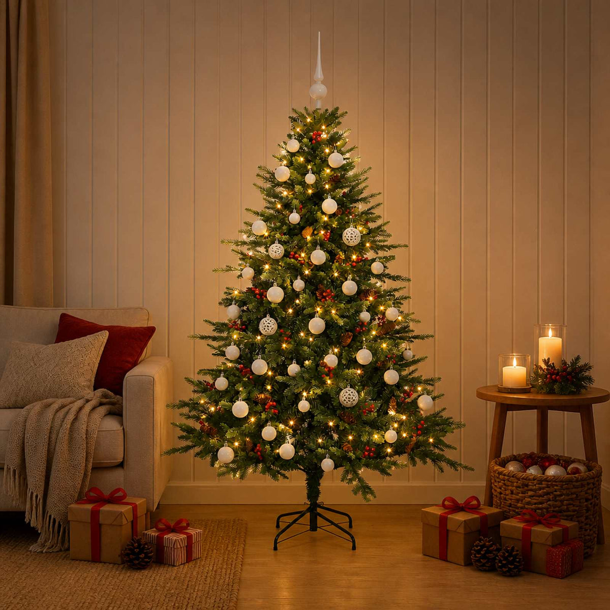 Albero di Natale artificiale con palline 150 cm 150 LED