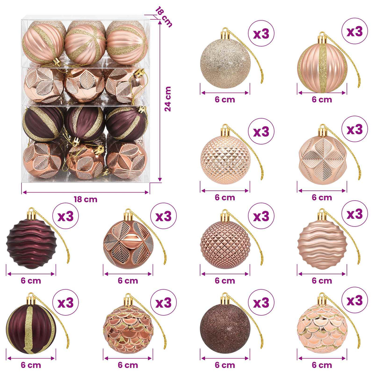 Set di Palline di Natale 36 pz Champagne e marrone 6 cm