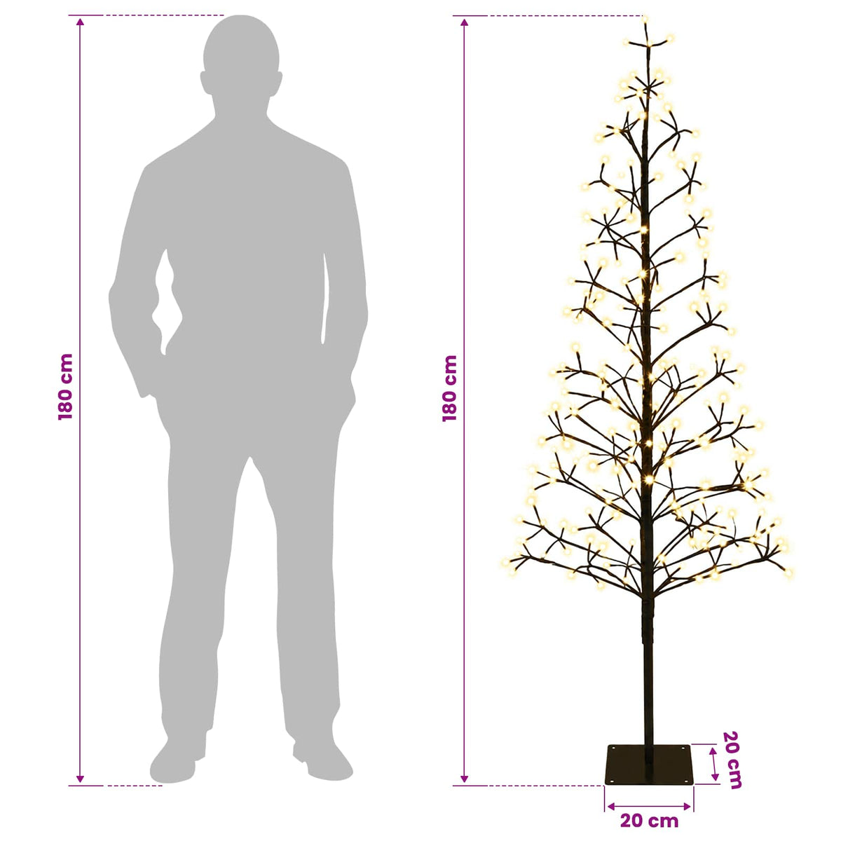 Albero di Natale con luci LED Nero 20 x 20 x 180 cm Acciaio | homemem39