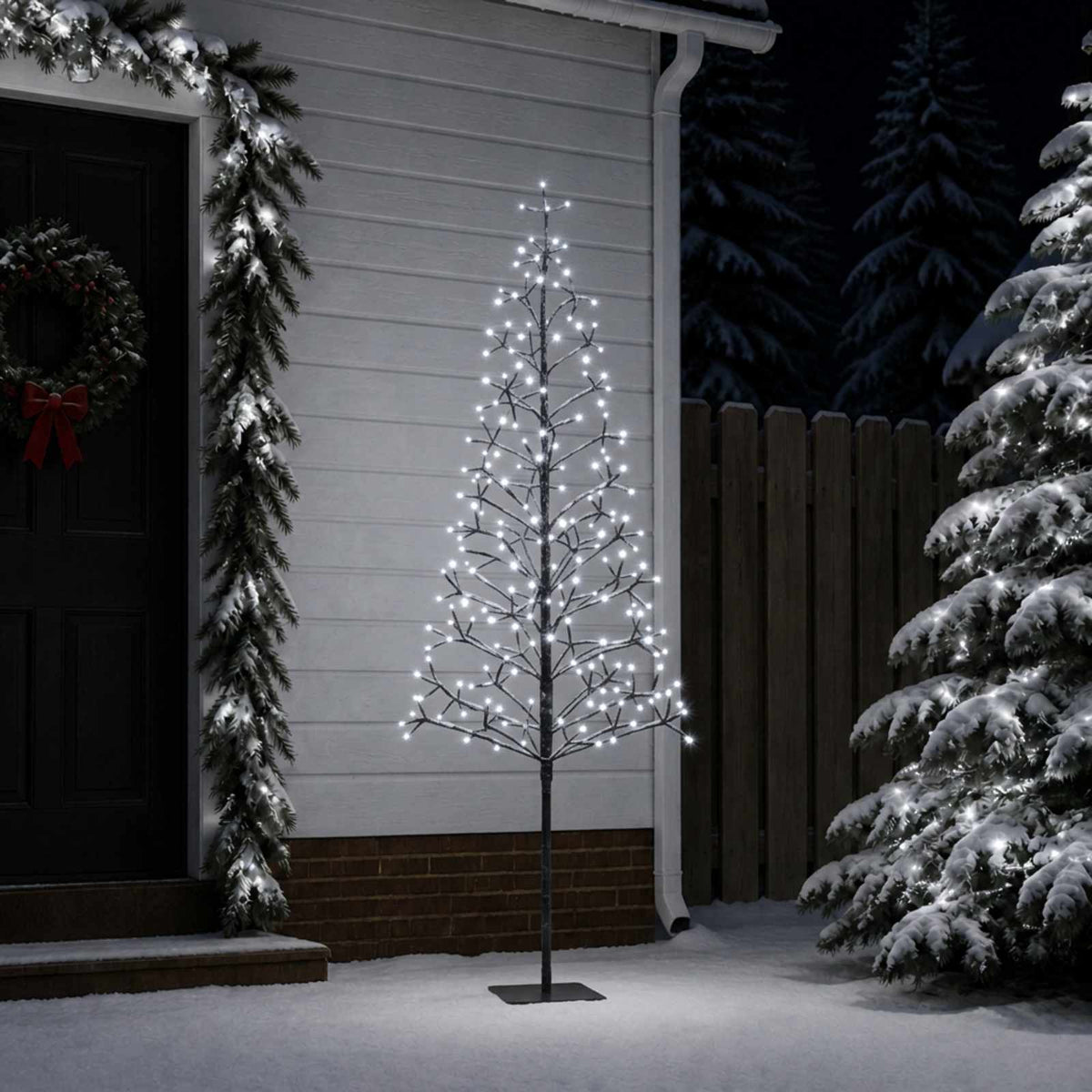 Albero di Natale con luci LED Nero 180 cm Acciaio 196 LED | homemem39