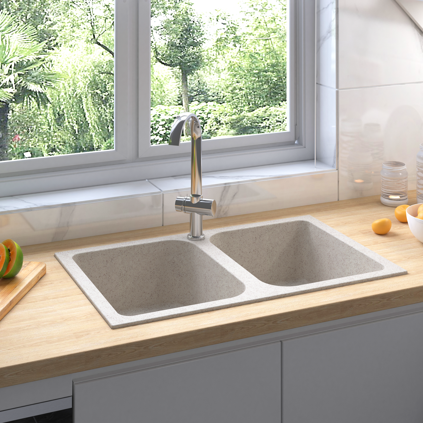 Lavello da cucina Beige 76 x 48 x 30 cm Quarzo e Resina | homemem39