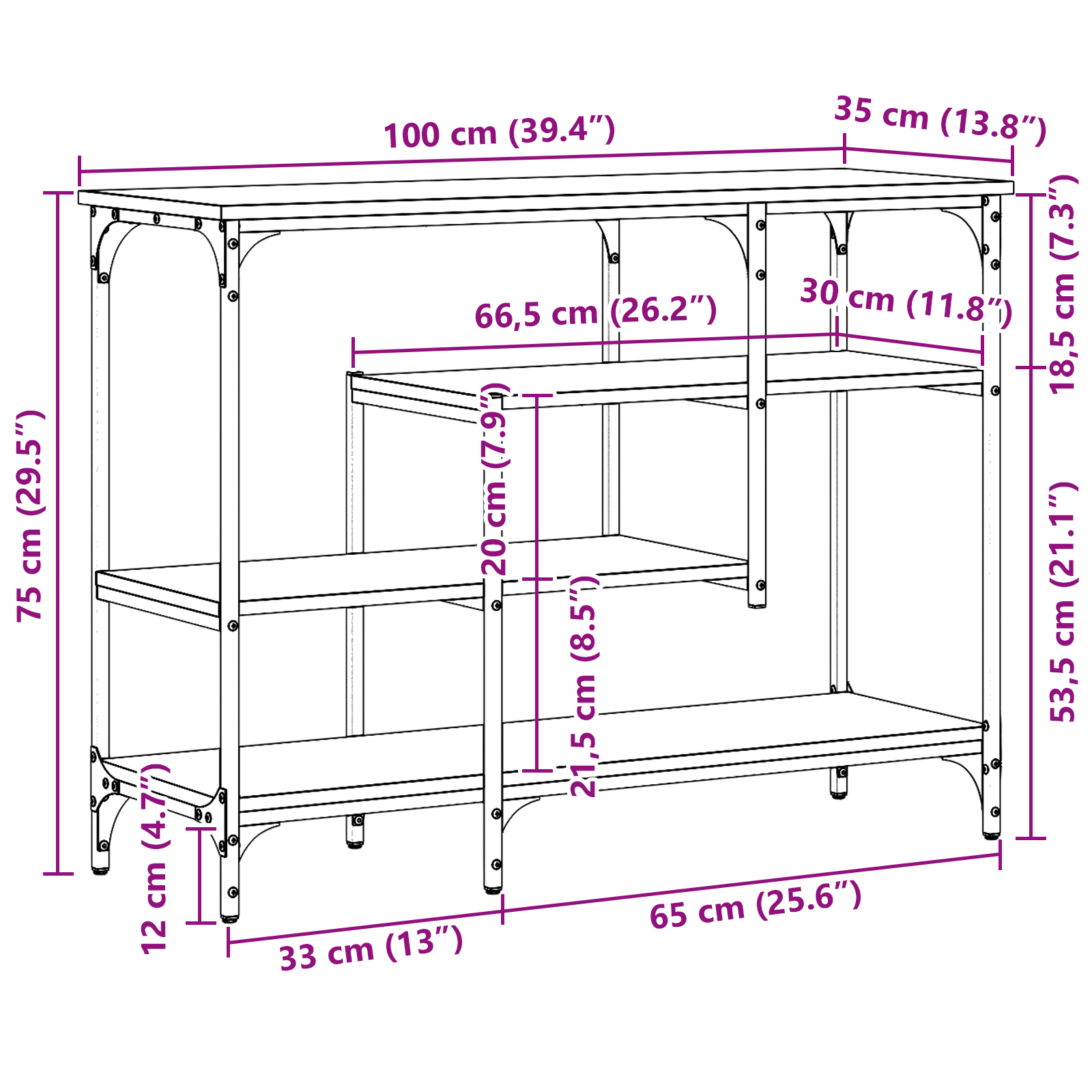 Tavolo Console con lo scaffale Rovere nero 100 x 35 x 75 cm | homemem39
