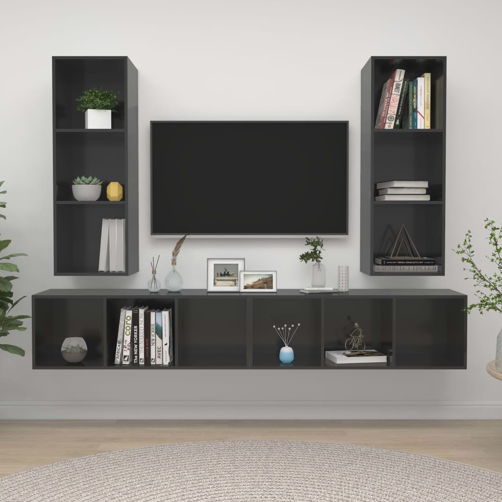 Mobile TV a Parete 4 pz Grigio Lucido in Truciolato - homemem39