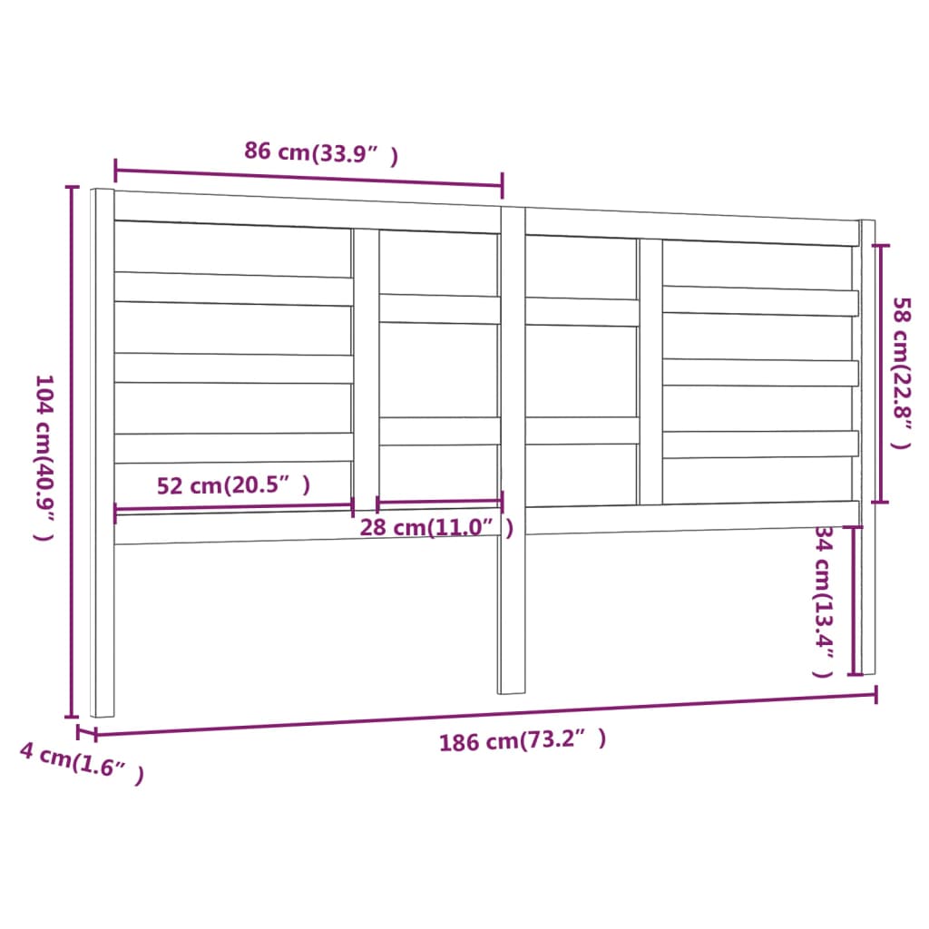 Testiera per Letto Nera 186x4x104 cm in Legno Massello di Pino - homemem39