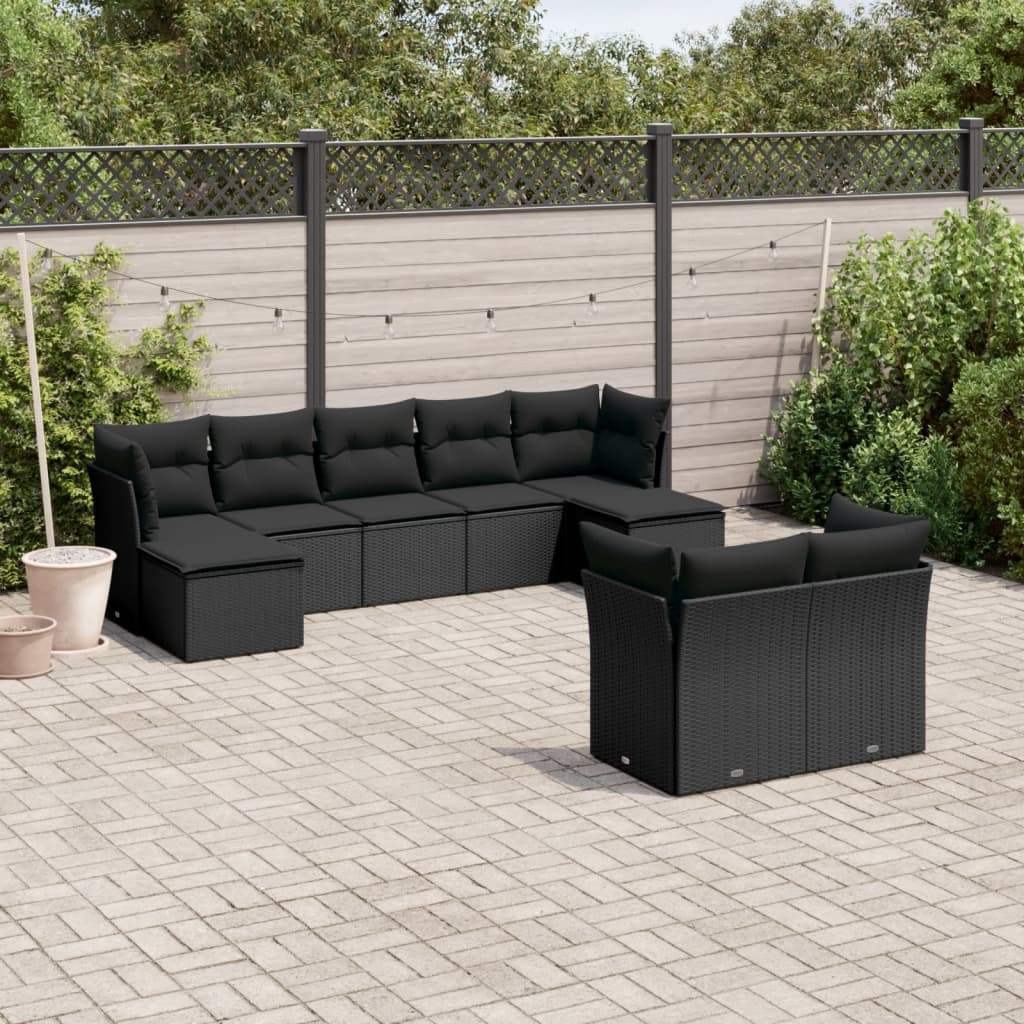 Set Divani da Giardino 9 pz con Cuscini Nero in Polyrattan - homemem39